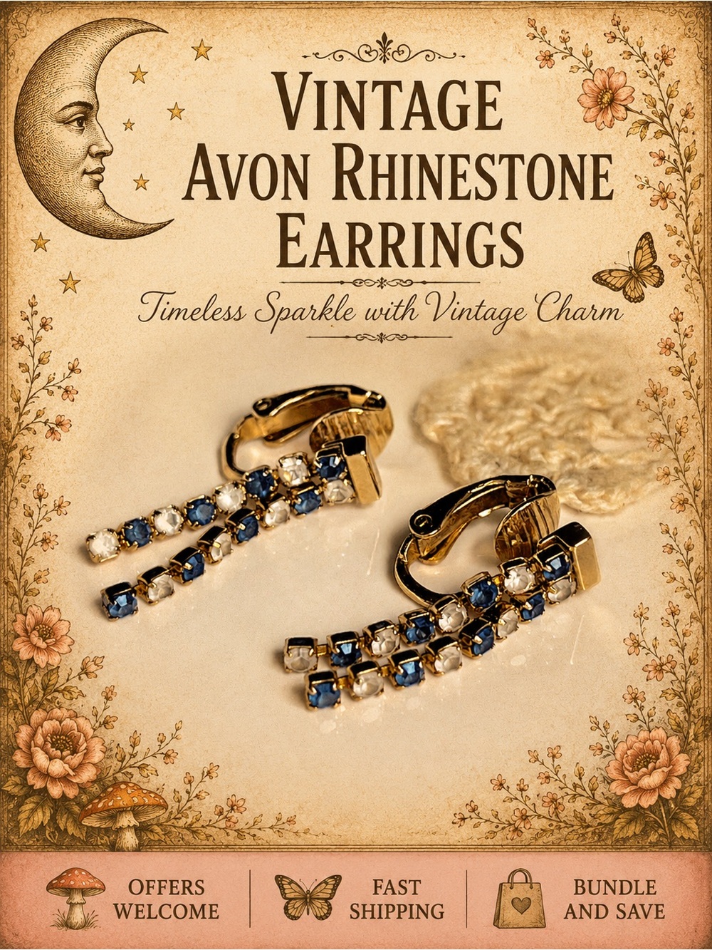 Vintage Avon Blue Clear Rhinestone Clip-On Earrings Gold Tone